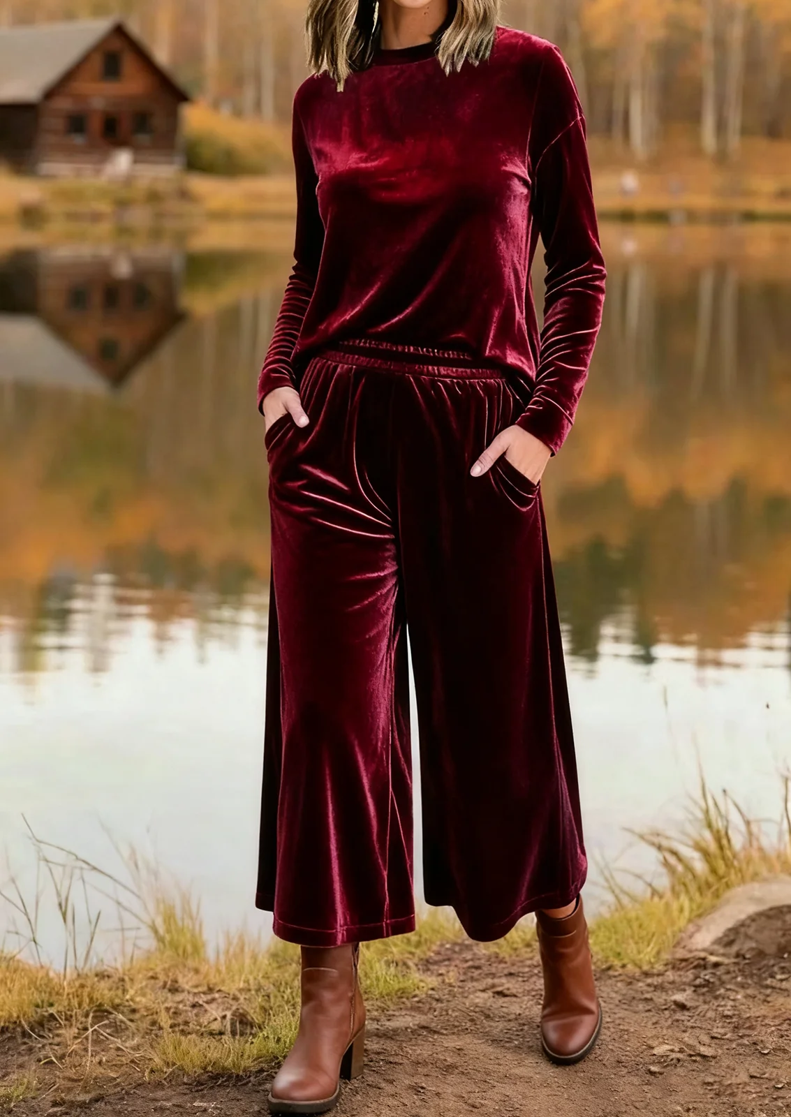 Pleuche Crew Neck Plain Elegant Two-Piece Set