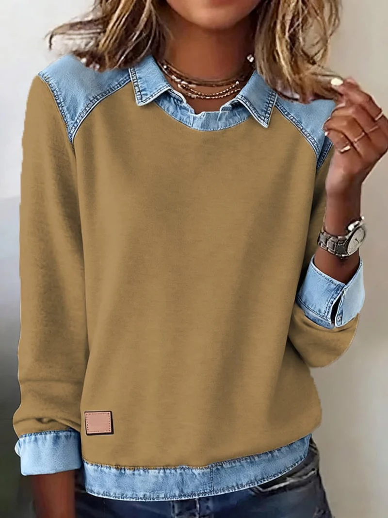 Women'S Casual Lapel Denim Stitching Pullover Sweatshirt