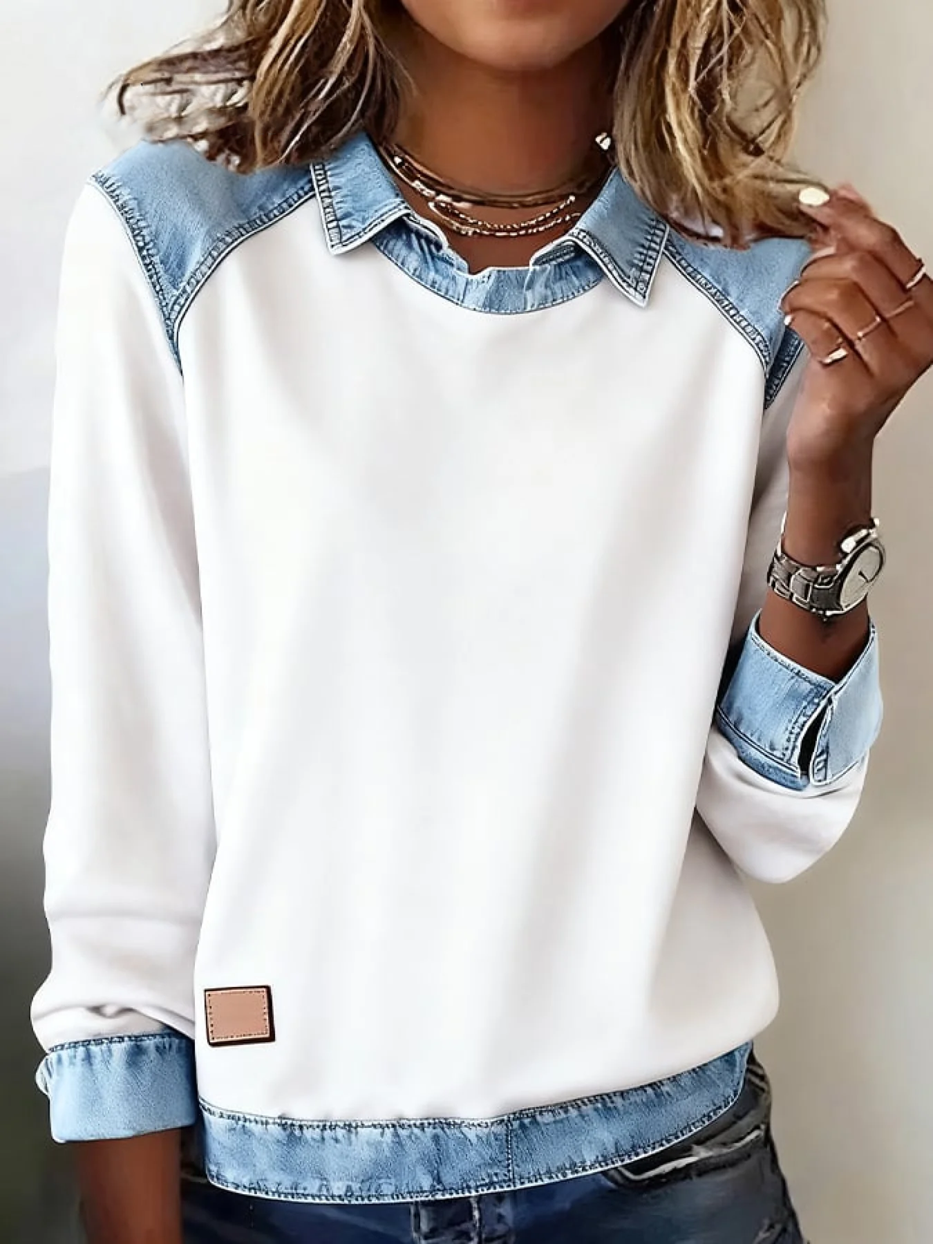 Women'S Casual Lapel Denim Stitching Pullover Sweatshirt