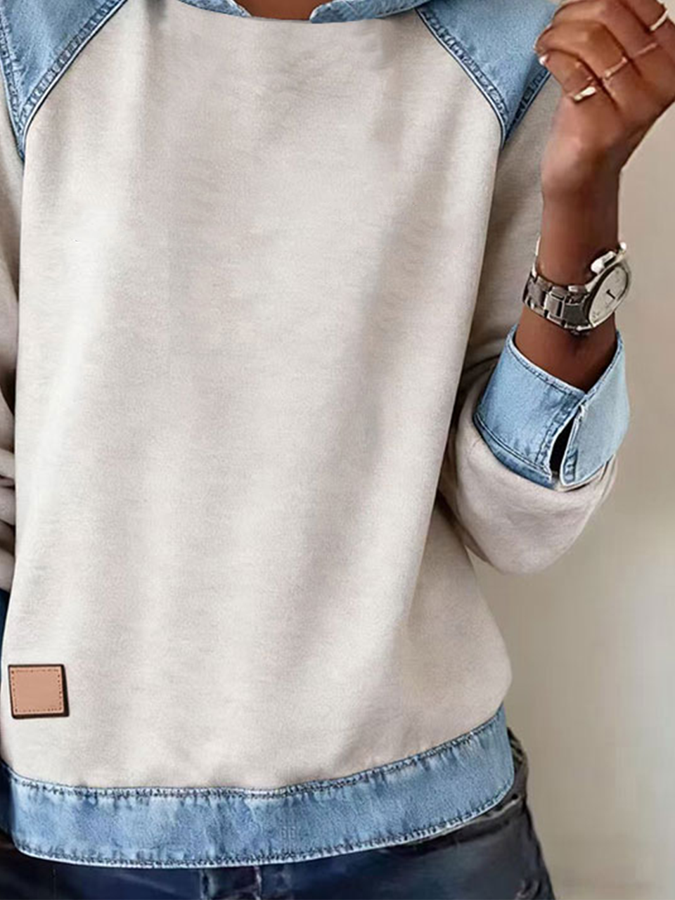 Denim Casual Multicolor Block Sweatshirt