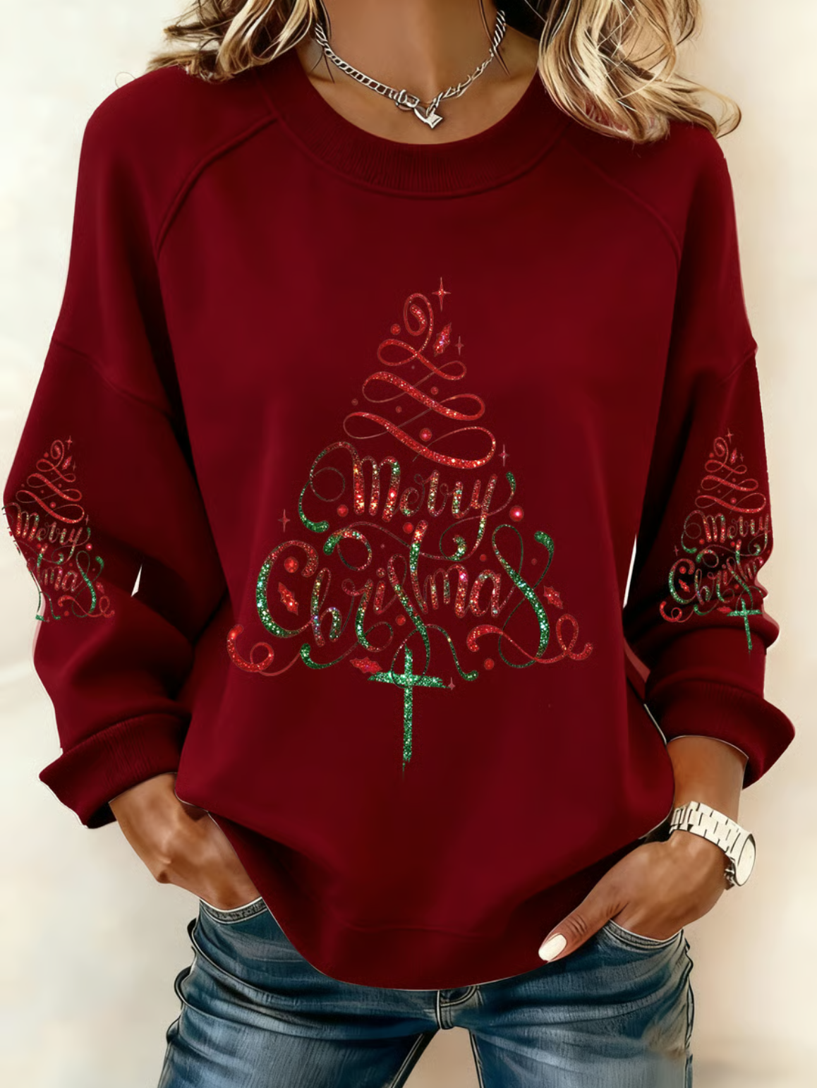 Women's Retro Christmas Tree Faith Print Casual Sweatshirt