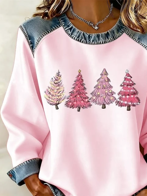Women's Casual Christmas Print Crew Neck Denim Patchwork Sweatshirt