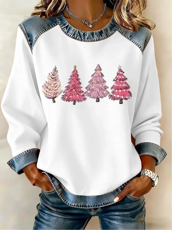 Women's Casual Christmas Print Crew Neck Denim Patchwork Sweatshirt