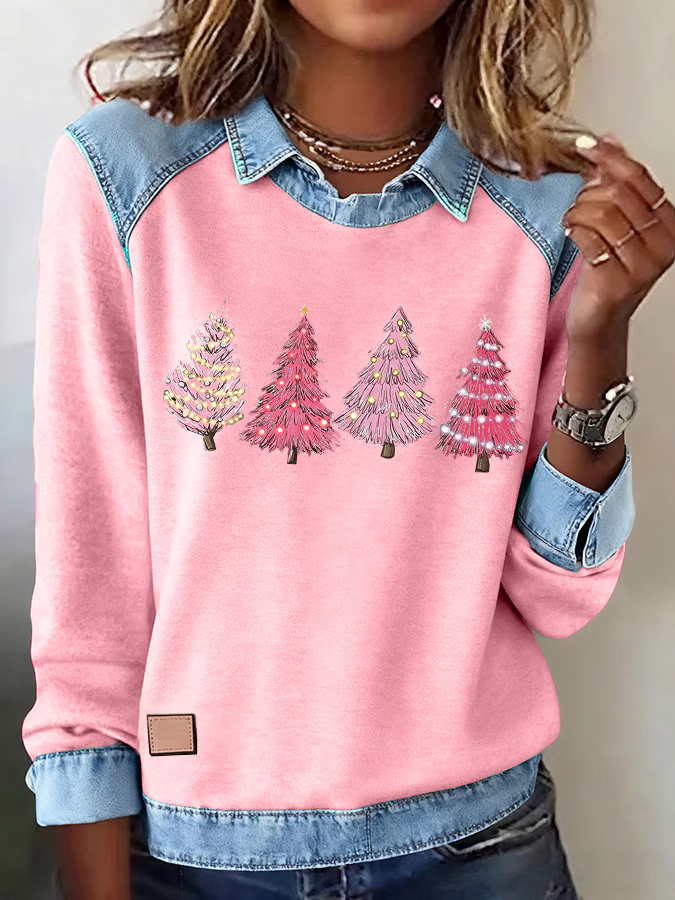 Women's Casual Christmas Printed Collared Denim Patchwork Sweatshirt