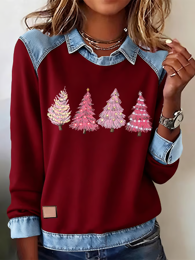 Women's Casual Christmas Printed Collared Denim Patchwork Sweatshirt