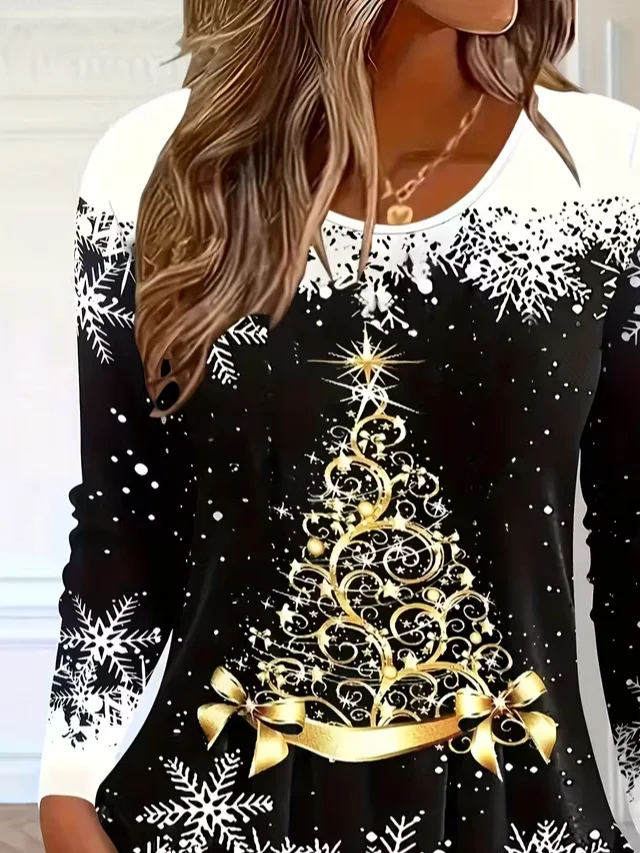 Women's Long Sleeve T-shirt Spring/Fall Black Christmas Printing Jersey Crew Neck Daily Going Out Casual Top