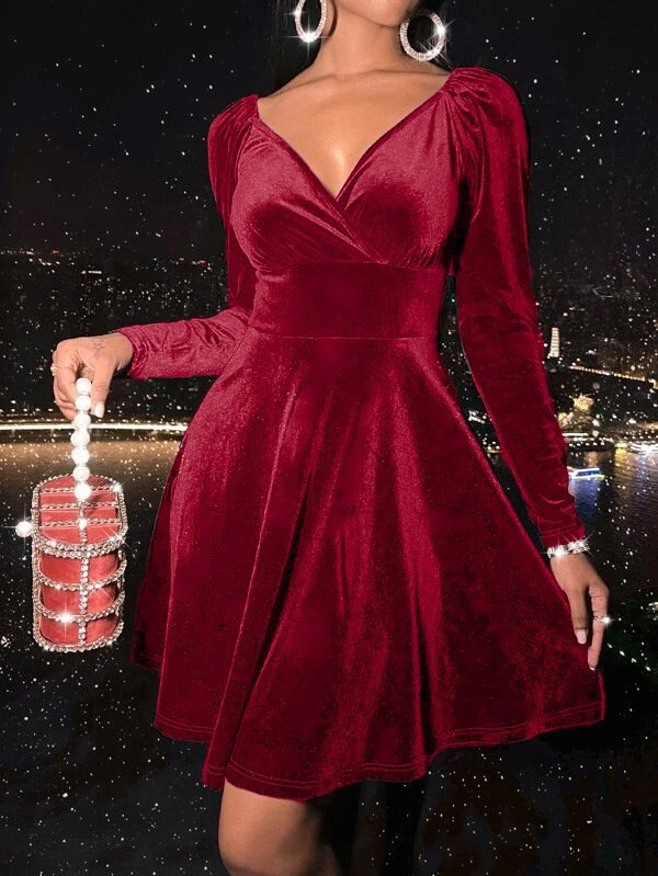 Women's Long Sleeve Spring/Fall Red Plain Split Joint V Neck Daily Going Out Casual Midi A-Line Party Dress Dress
