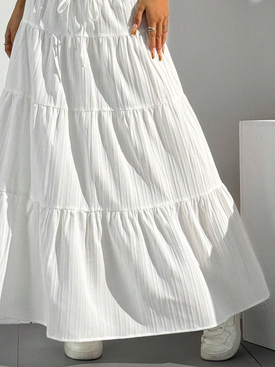 Solid Color Midi Skirt With Elastic Waist And Tie Full Skirt Loose And Long