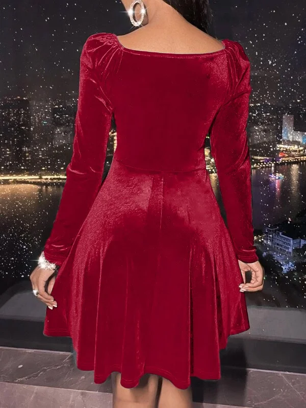 Women's Long Sleeve Spring/Fall Red Plain Split Joint V Neck Daily Going Out Casual Midi A-Line Party Dress Dress