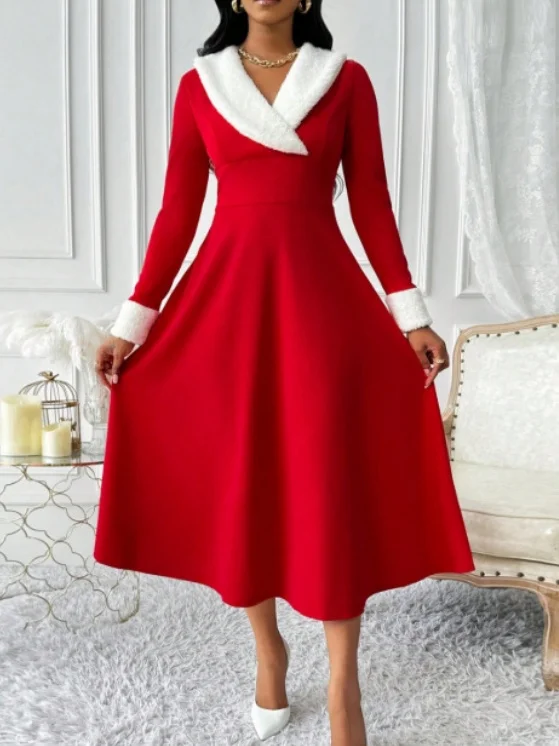 Women's Long Sleeve Spring/Fall Red Plain Split Joint V Neck Daily Going Out Casual Maxi A-Line Tank Dress