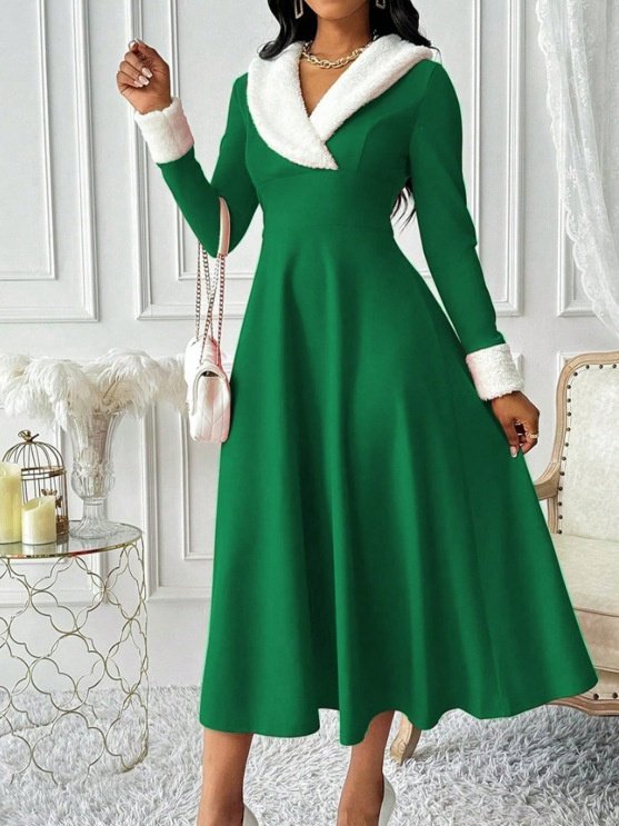 Women's Long Sleeve Spring/Fall Red Plain Split Joint V Neck Daily Going Out Casual Maxi A-Line Tank Dress