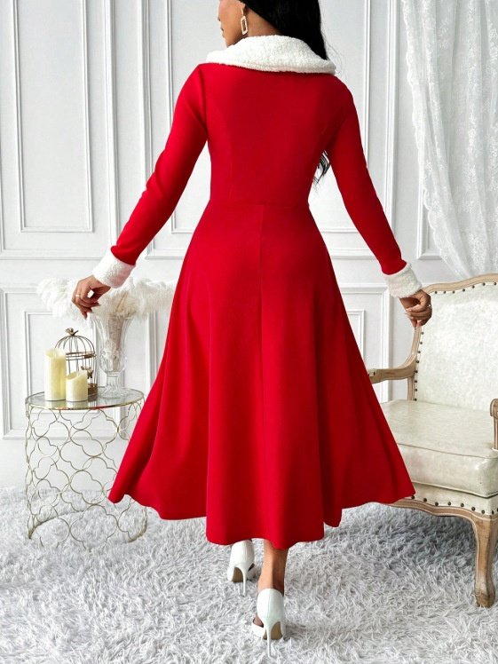 Women's Long Sleeve Spring/Fall Red Plain Split Joint V Neck Daily Going Out Casual Maxi A-Line Tank Dress