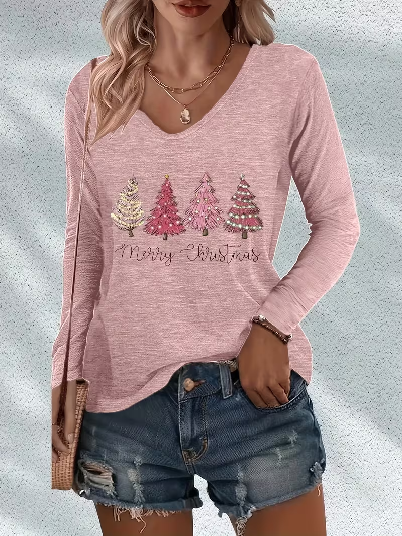 Women's Long Sleeve T-shirt Spring/Fall Pink Christmas Printing Jersey V Neck Daily Going Out Casual Top