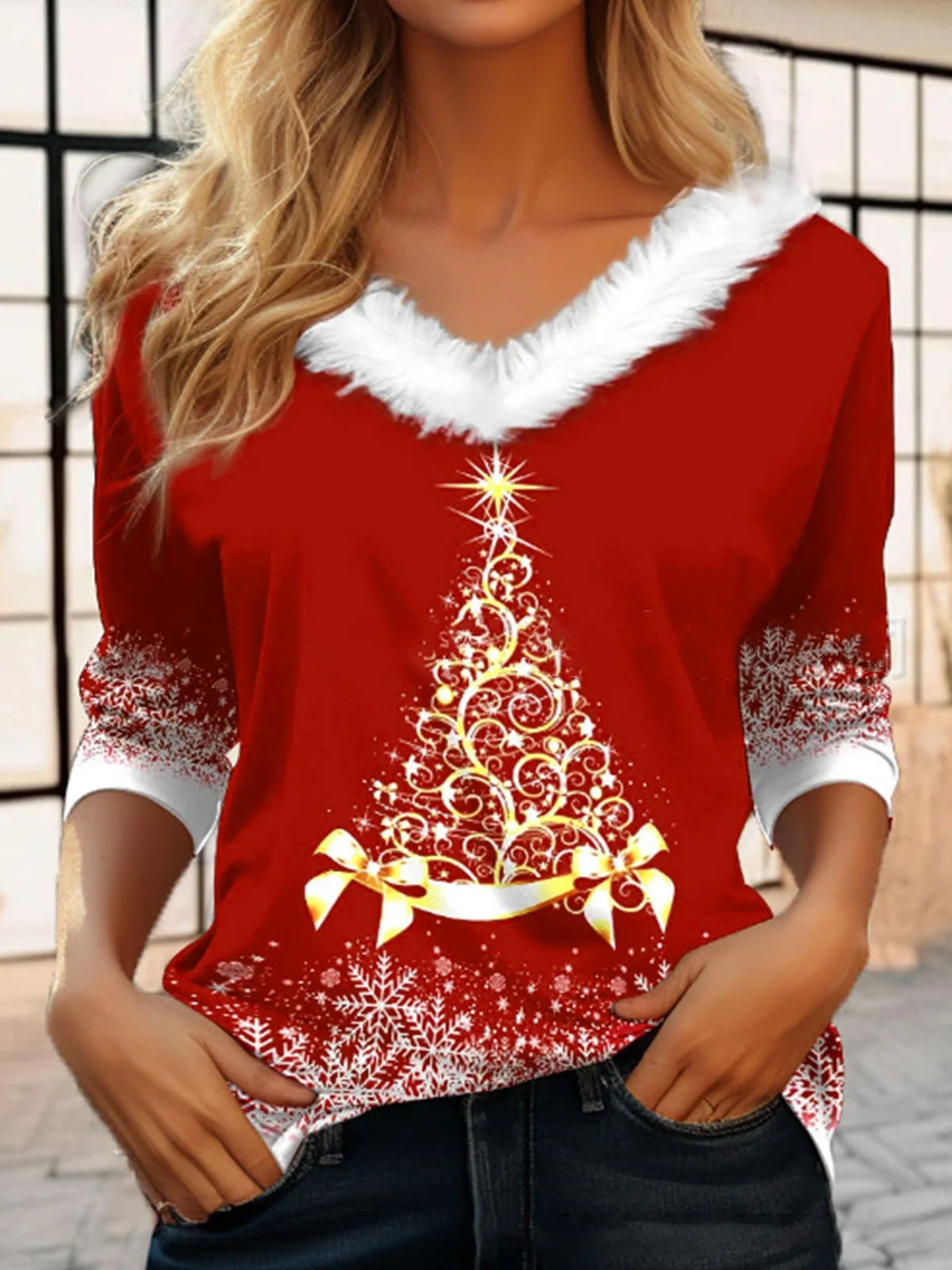 Women's Long Sleeve T-shirt Spring/Fall Color1 Geometric Printing V Neck Daily Going Out Casual Top