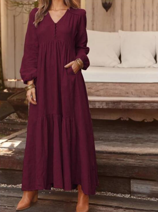 V Neck Elegant Loose Cotton Dress With No