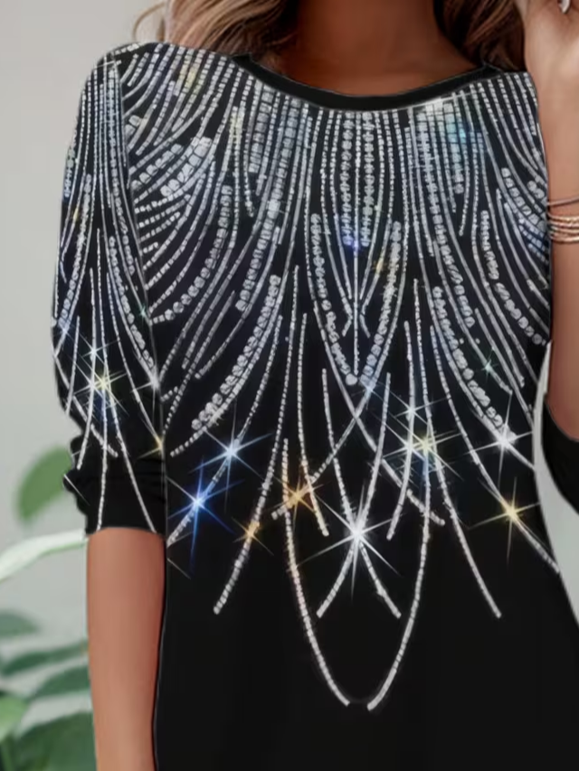 Women's Long Sleeve T-shirt Spring/Fall Black Abstract Jersey Crew Neck Daily Going Out Casual Top