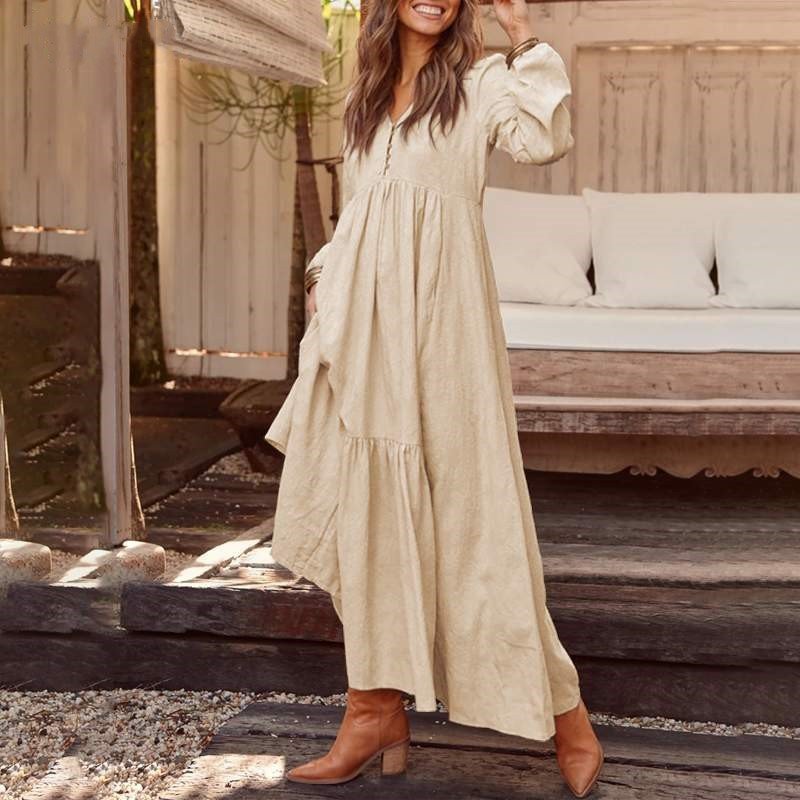 V Neck Elegant Loose Cotton Dress With No