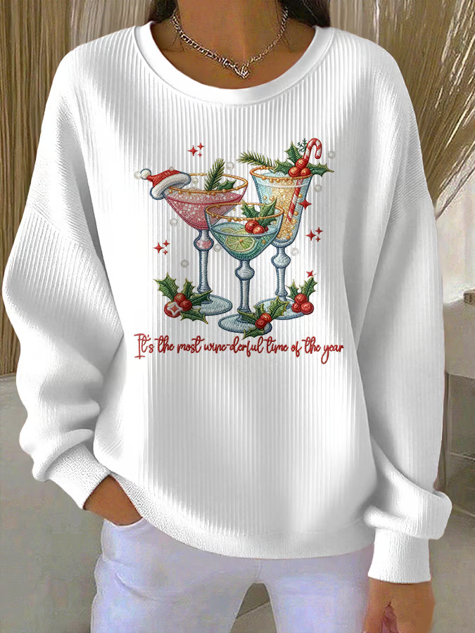 Crew Neck Christmas Wine Glass Casual Loose Sweatshirt