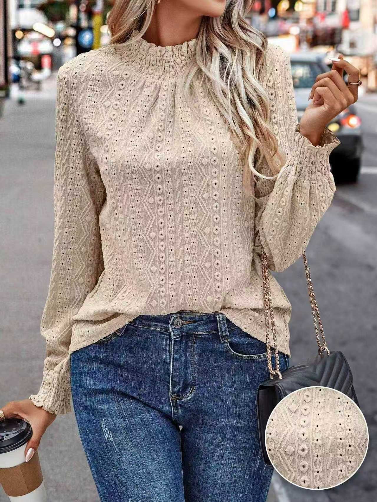 Loose Puff Sleeve Stand Collar Elegant T-Shirt