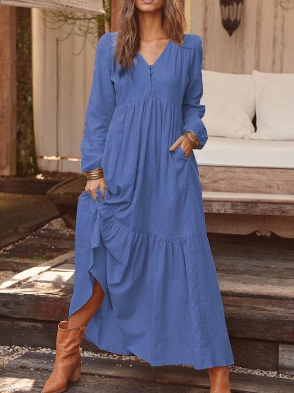 V Neck Elegant Loose Cotton Dress With No