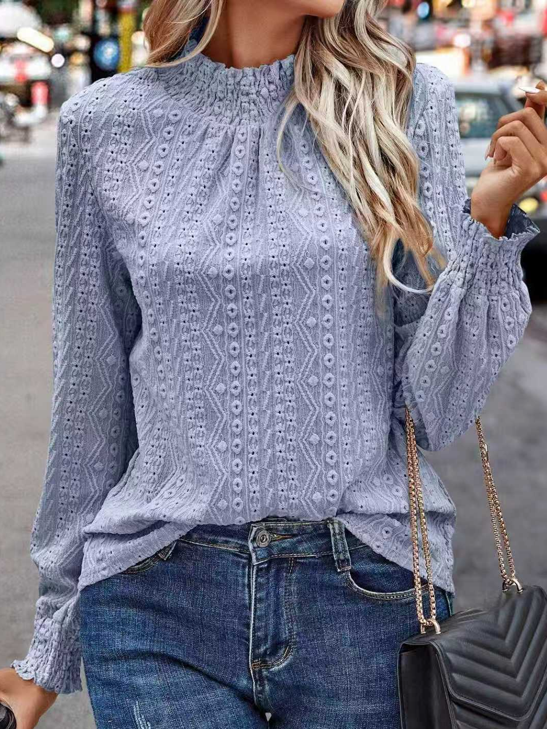 Loose Puff Sleeve Stand Collar Elegant T-Shirt