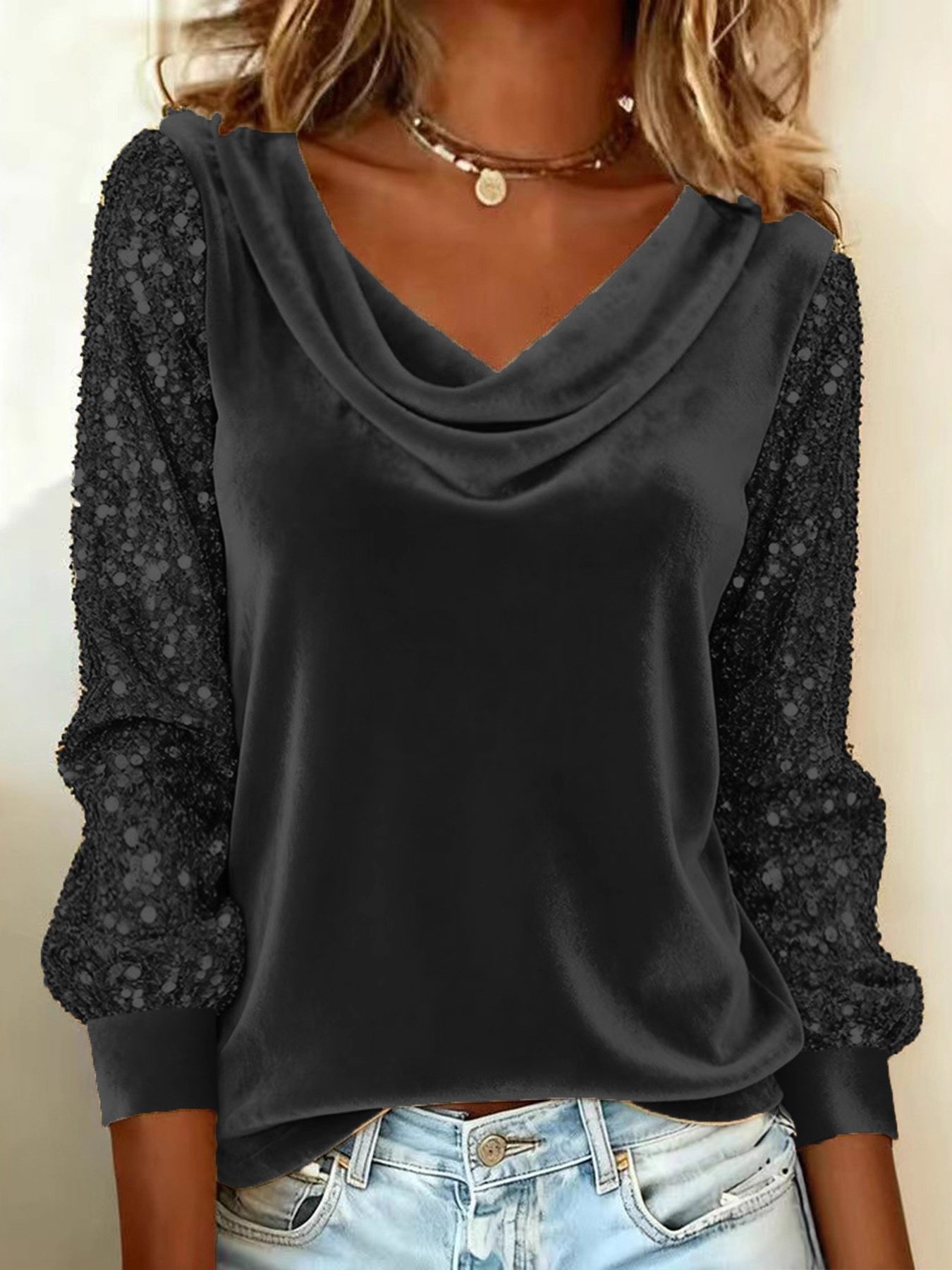 Women's Long Sleeve T-shirt Spring/Fall Golden Plain Glitter Cowl Neck Daily Going Out Vintage Top