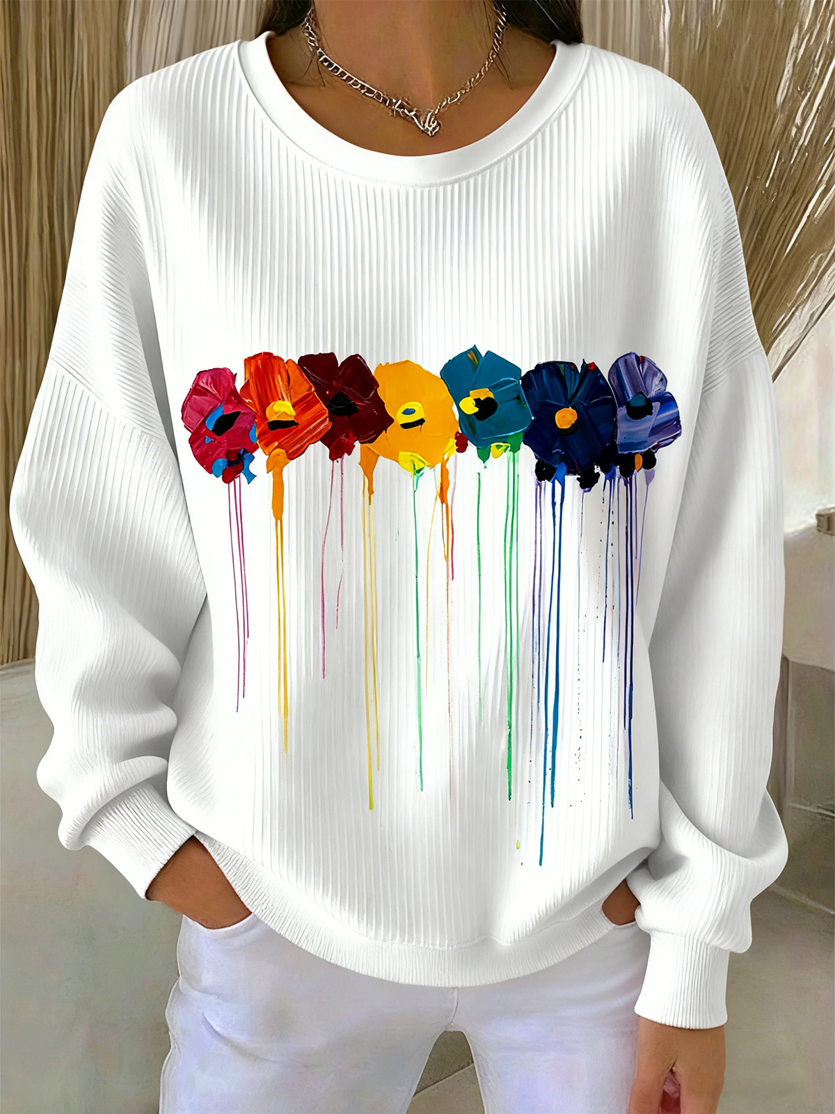 Floral Casual Cotton-Blend Crew Neck Sweatshirt