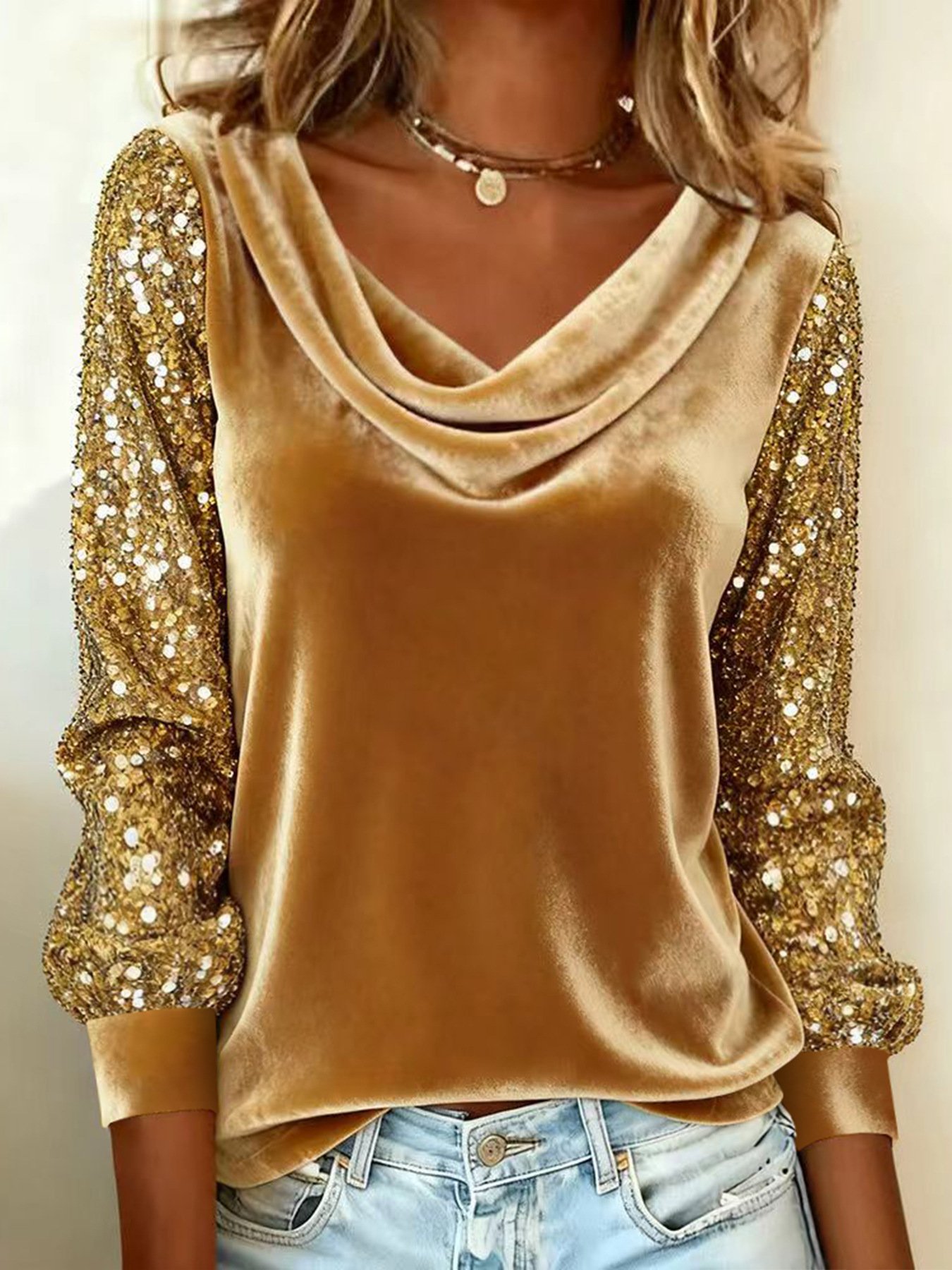 Women's Long Sleeve T-shirt Spring/Fall Golden Plain Glitter Cowl Neck Daily Going Out Vintage Top