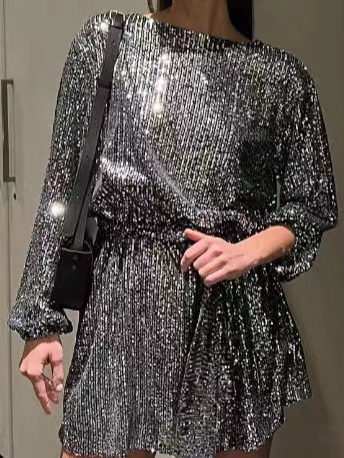 Loose Plain Elegant Glitter Dress With Belt