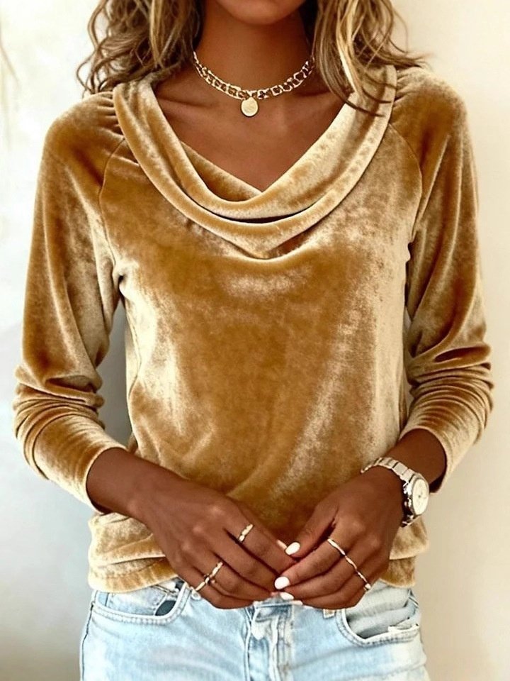 Women's Long Sleeve T-shirt Spring/Fall Golden Plain Split Joint Cowl Neck Daily Going Out Vintage Top