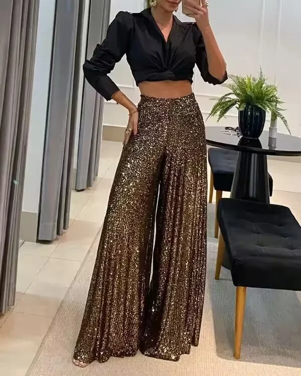 Elegant And Sophisticated Solid Color Sequined Wide-Leg Trousers