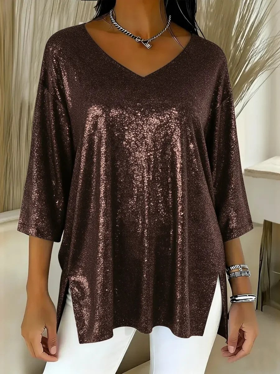 Elegant Plain Side-Slit V Neck T-Shirt