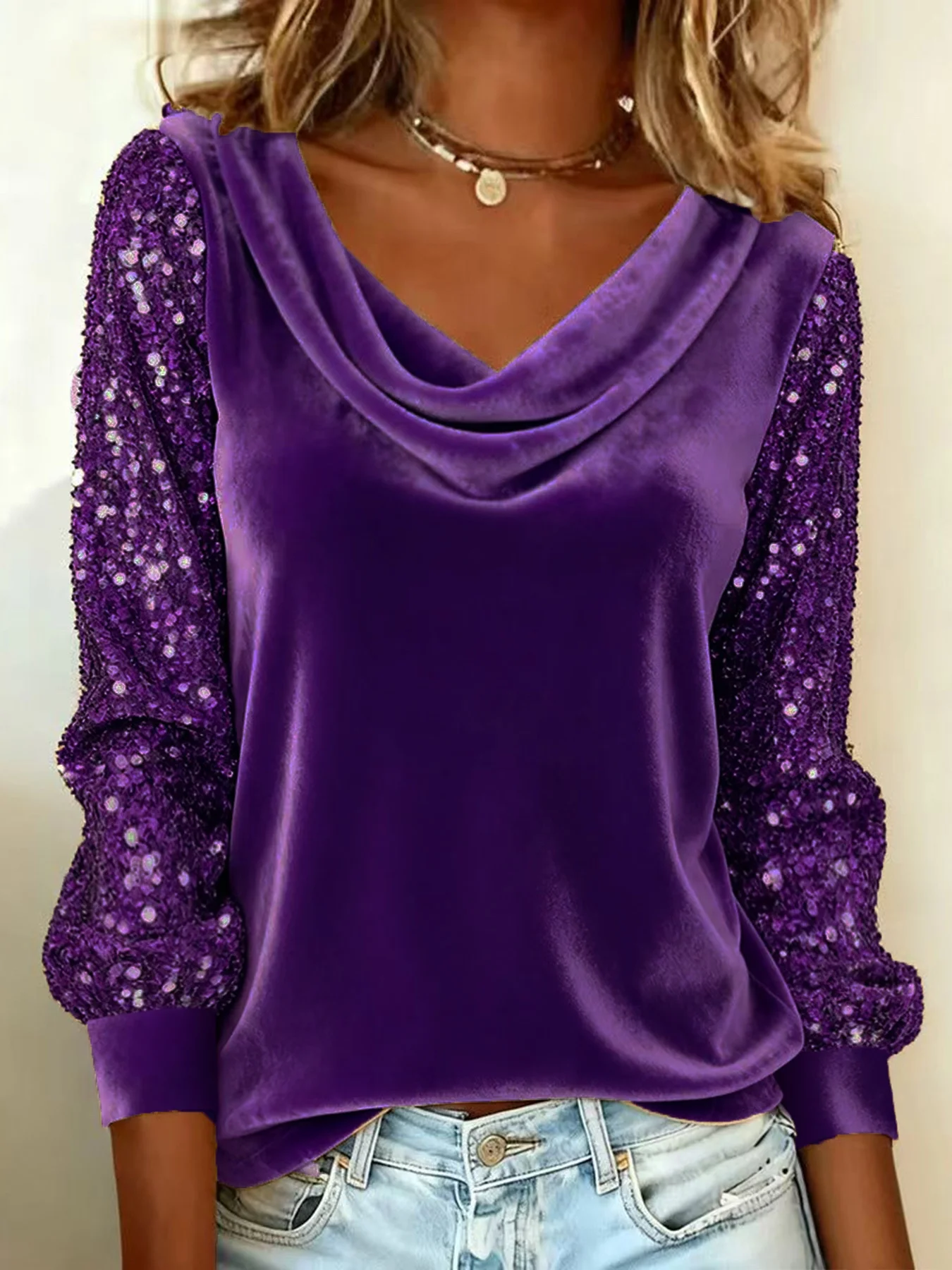 Women's Long Sleeve T-shirt Spring/Fall Golden Plain Glitter Cowl Neck Daily Going Out Vintage Top