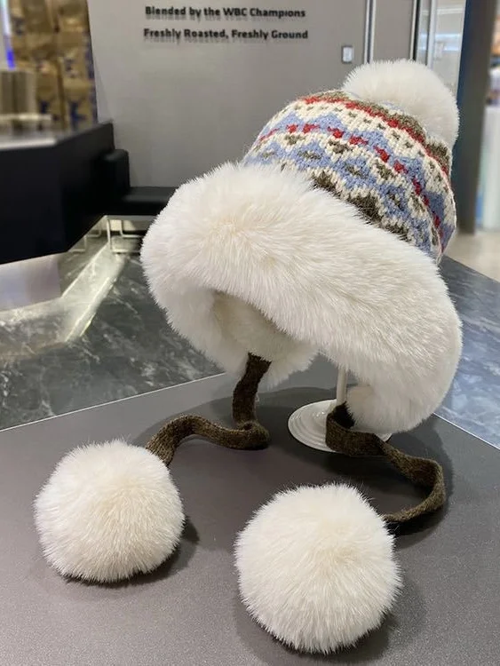 Winter Knitted Thickened Fleece-lined Neck Protector Warm Jacquard Pattern Versatile Casual Ear-covering Hat