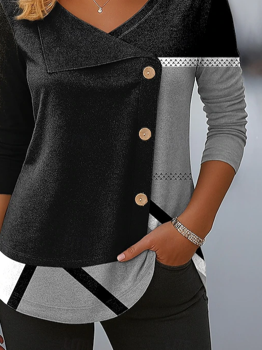 Women's Long Sleeve T-shirt Spring/Fall Black Abstract Printing V Neck Daily Going Out Casual Top