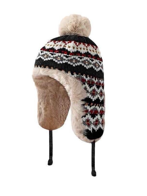 Winter Knitted Thickened Fleece-lined Neck Protector Warm Jacquard Pattern Versatile Casual Ear-covering Hat