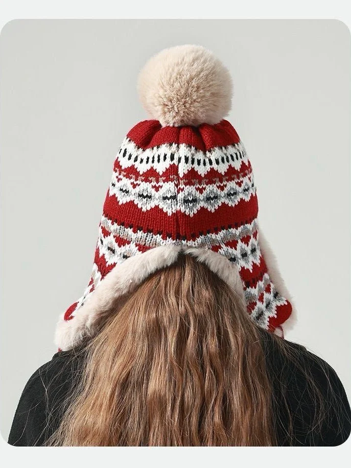 Winter Knitted Thickened Fleece-lined Neck Protector Warm Jacquard Pattern Versatile Casual Ear-covering Hat