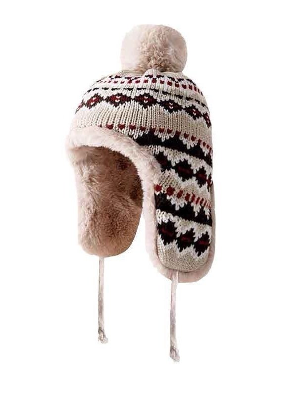 Winter Knitted Thickened Fleece-lined Neck Protector Warm Jacquard Pattern Versatile Casual Ear-covering Hat