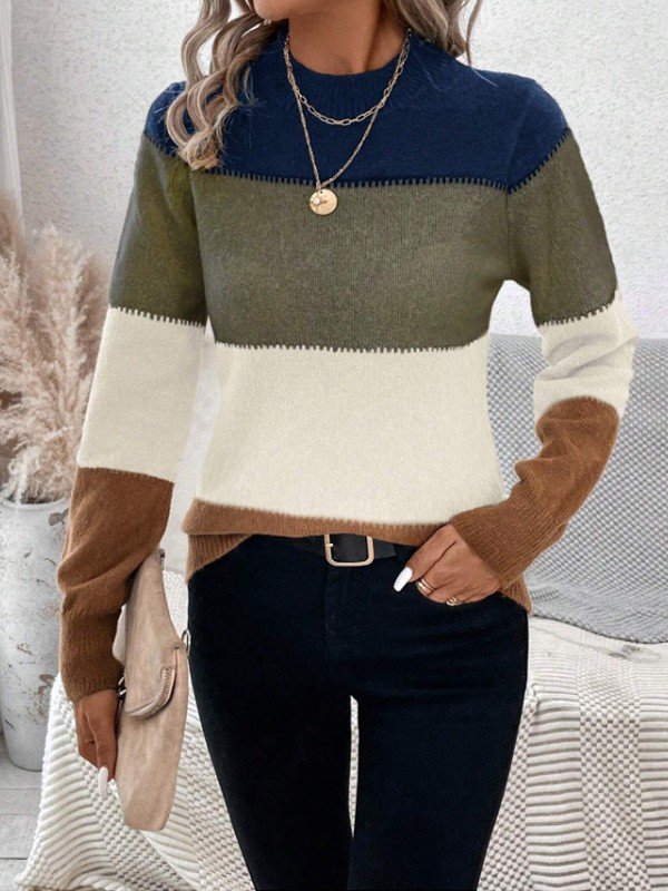 Wool-Blend Striped Elegant Crew Neck Sweater
