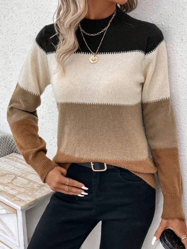 Wool-Blend Striped Elegant Crew Neck Sweater