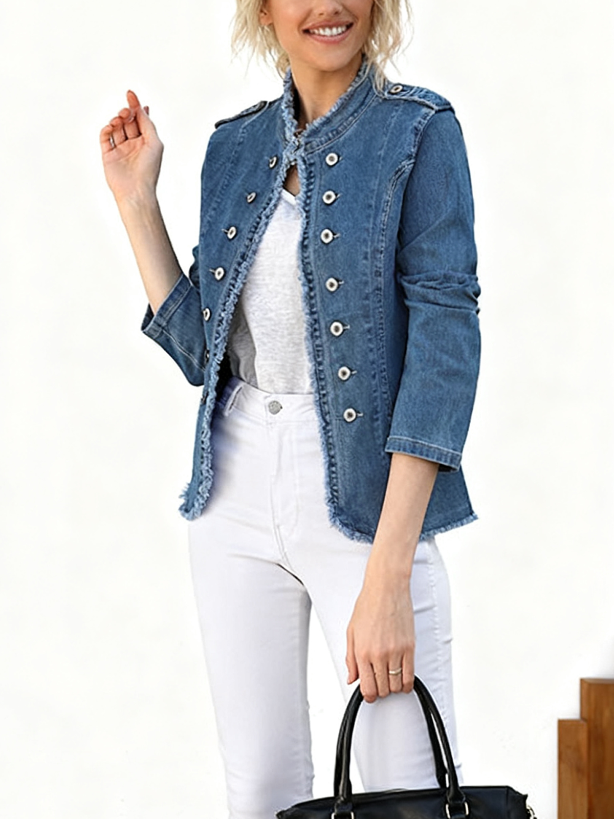 Regular Fit Elegant Denim Mock Neck Jacket