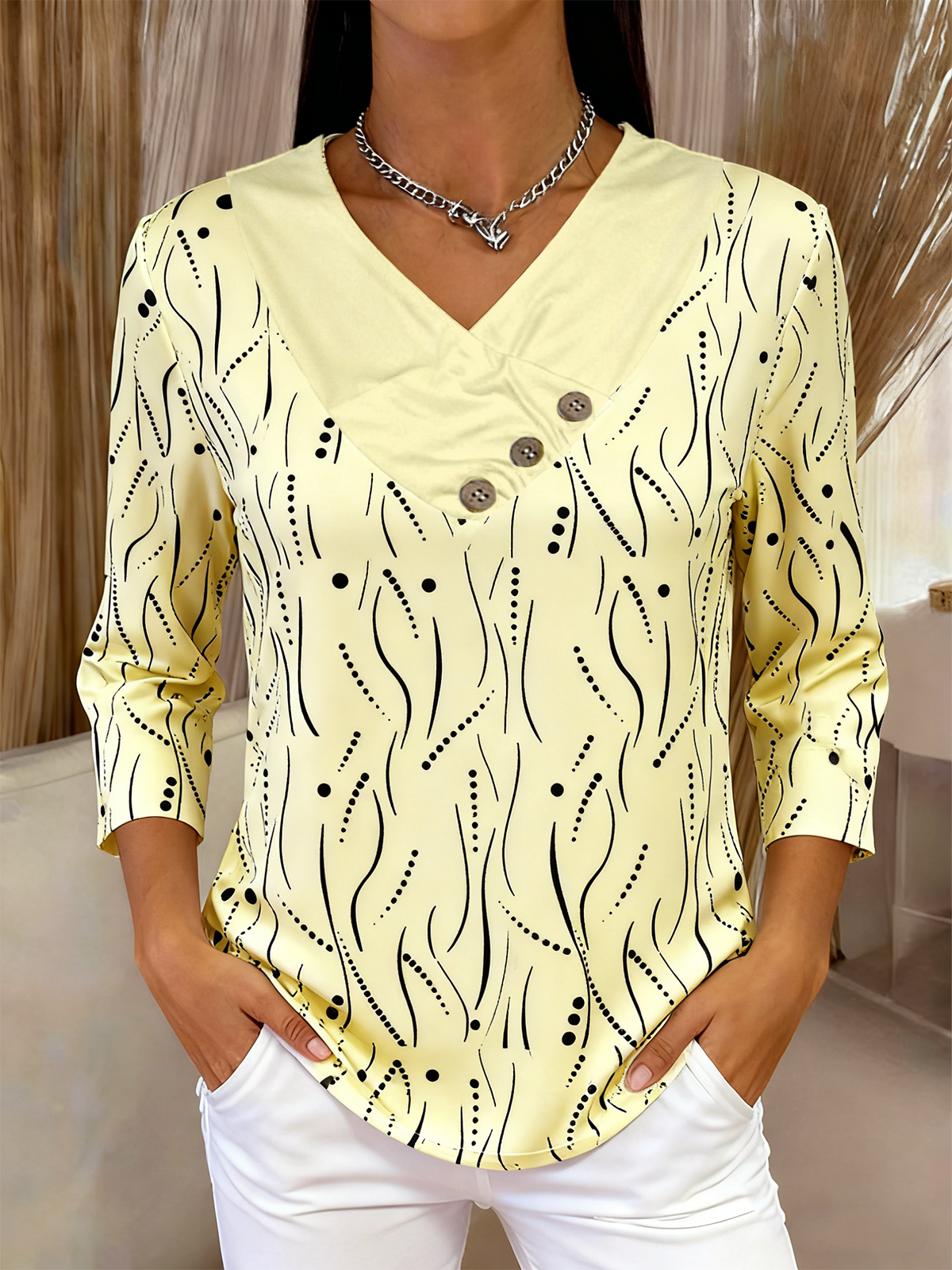 Elegant V Neck Loose Abstract Polka Dots T-Shirt