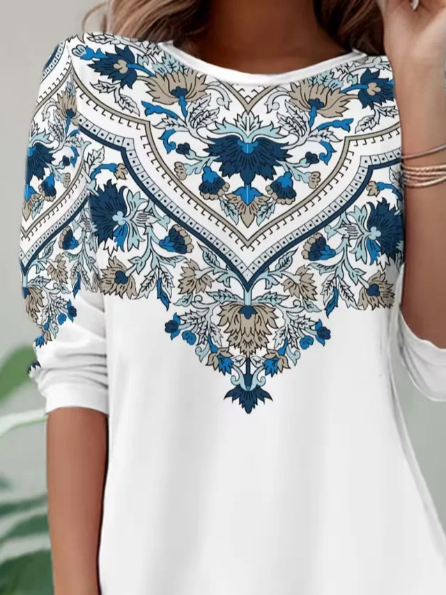 Women's Long Sleeve T-shirt Spring/Fall White Ethnic Jersey Crew Neck Daily Going Out Casual Top