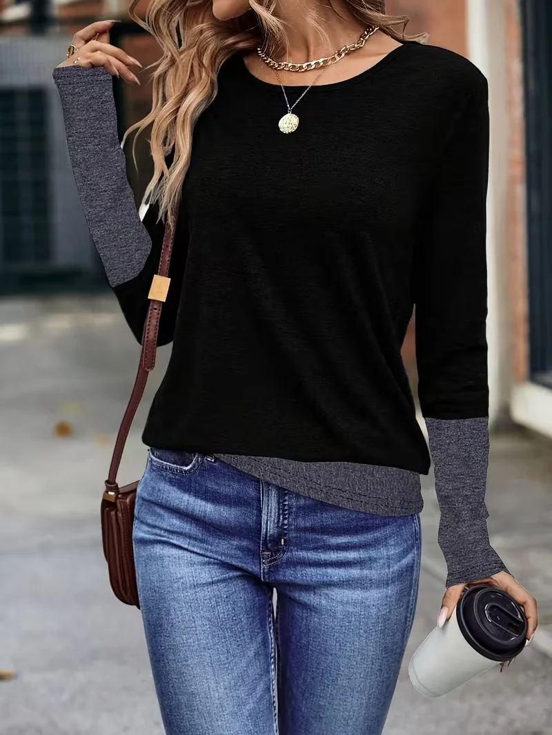 Women's Long Sleeve T-shirt Spring/Fall Black Contrast Stitching Jersey Crew Neck Daily Going Out Casual Top