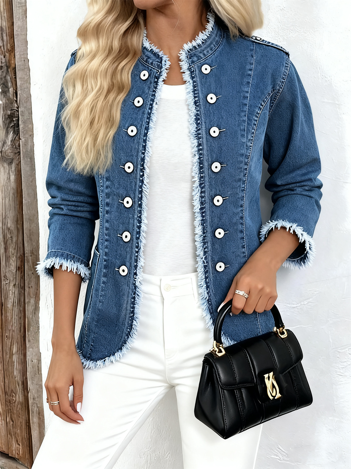 Regular Fit Elegant Denim Mock Neck Jacket