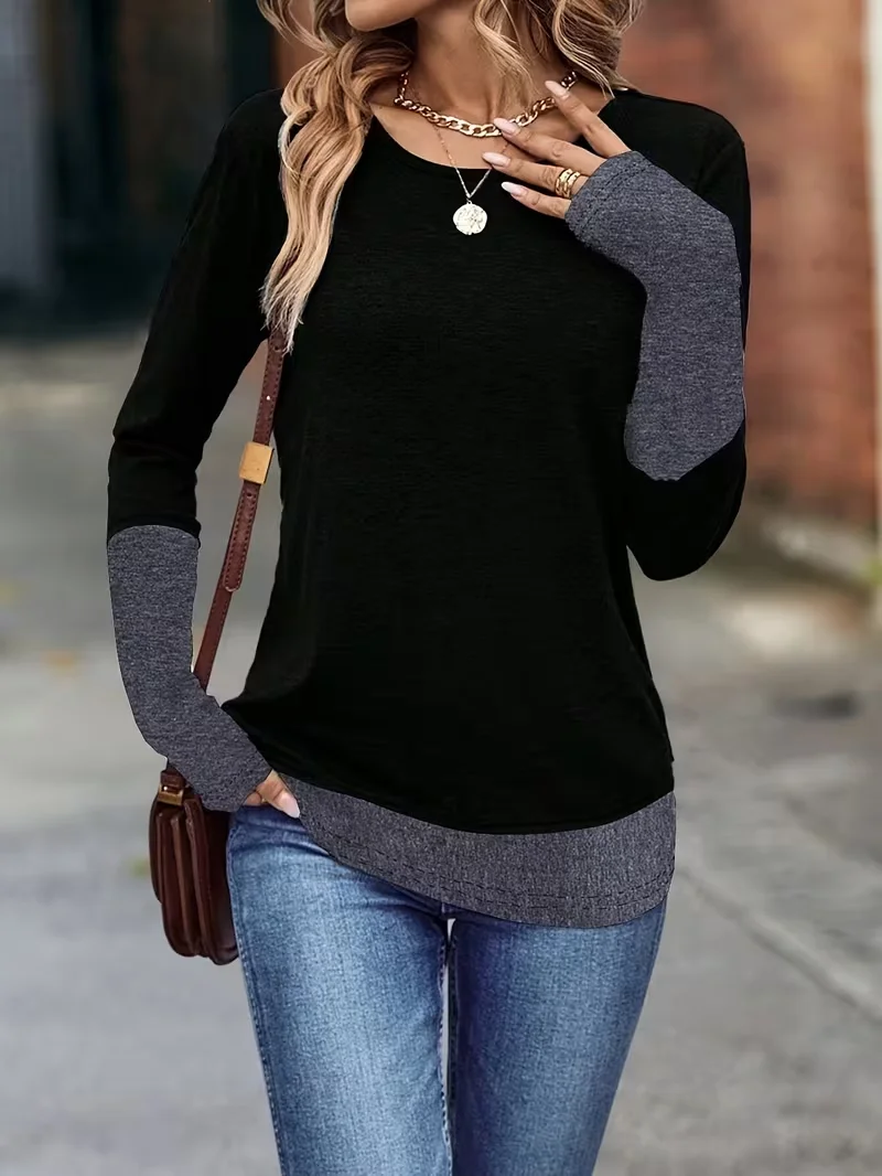 Women's Long Sleeve T-shirt Spring/Fall Black Contrast Stitching Jersey Crew Neck Daily Going Out Casual Top