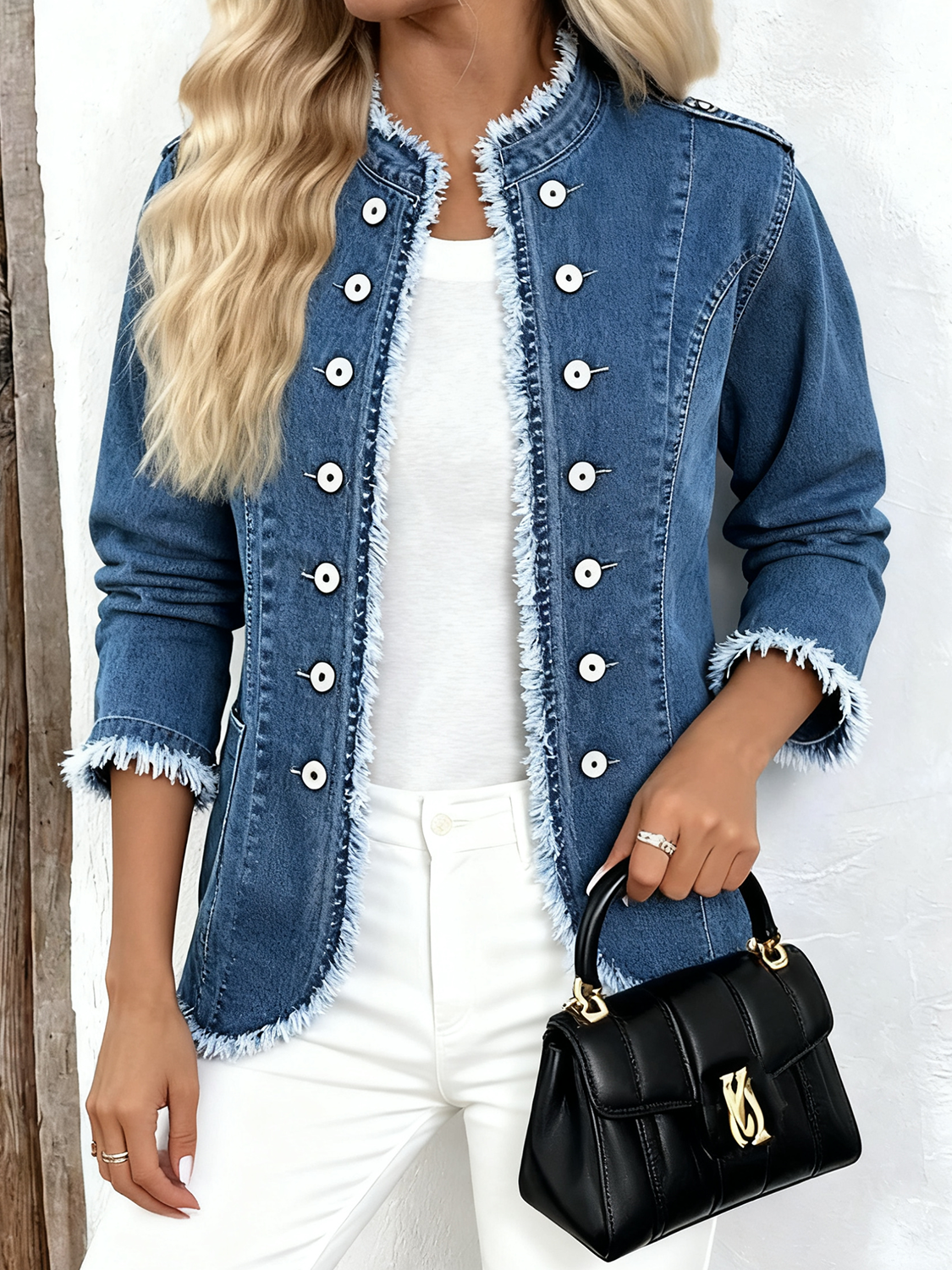 Regular Fit Elegant Denim Mock Neck Jacket