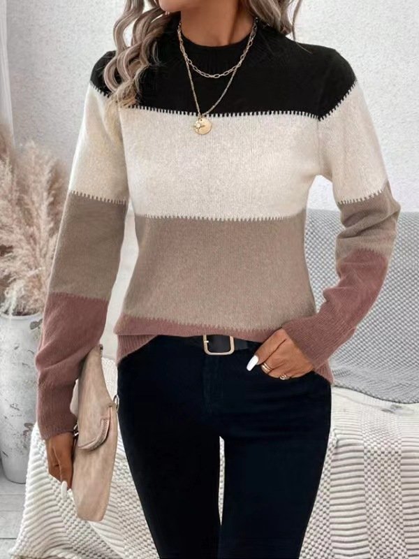 Wool-Blend Striped Elegant Crew Neck Sweater
