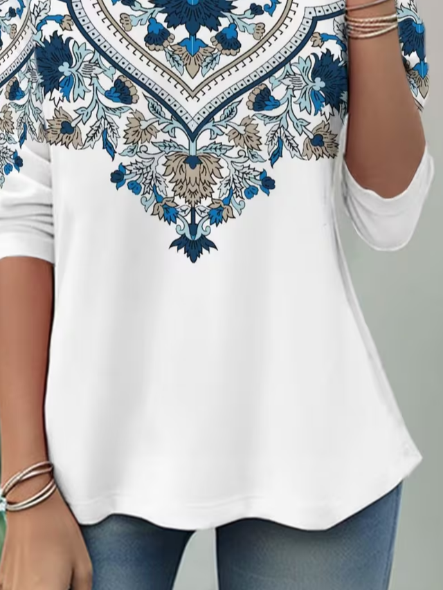 Women's Long Sleeve T-shirt Spring/Fall White Ethnic Jersey Crew Neck Daily Going Out Casual Top