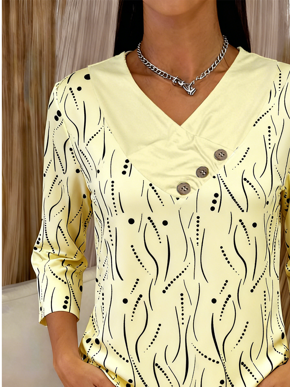 Elegant V Neck Loose Abstract Polka Dots T-Shirt